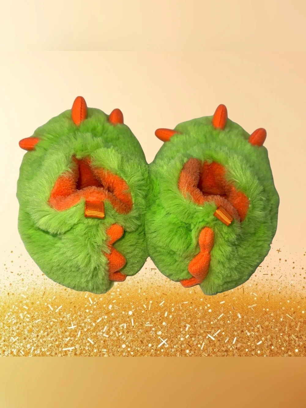wonder nation Bright Green Plush Monster Kids Slippers with Orange Accents